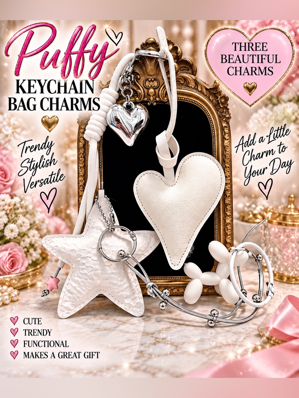 Puffy bag charm keychain set